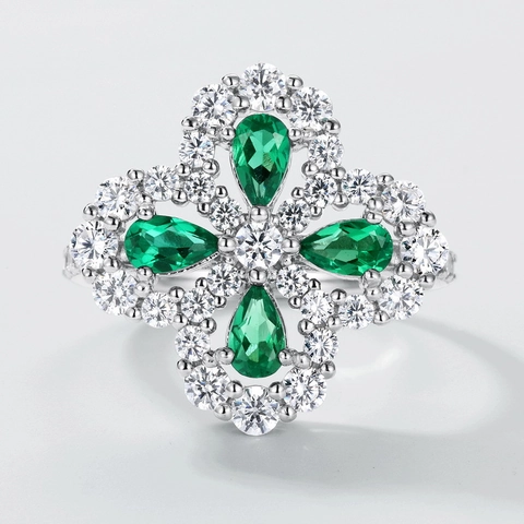 Vintage 925 Sterling Silver Four Leaf Clover Jewelry Lab Grown Emerald Ruby Rhinestone Necklace Earrings Bracelet Ring