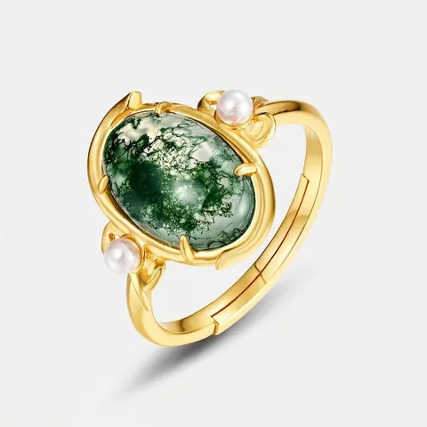 Anello Vintage in Argento Sterling 925 con Agata Muschiata da Donna Placcato Oro Pietra Verde Naturale Regolabile con Perla Artificiale