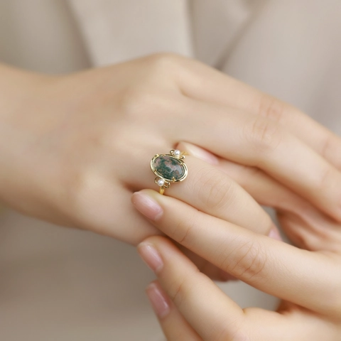 Anello Vintage in Argento Sterling 925 con Agata Muschiata da Donna Placcato Oro Pietra Verde Naturale Regolabile con Perla Artificiale