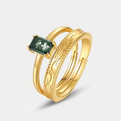 Vintage S925 Sterlingsilber Gold Beschichtet Natürlicher Moosachat Ring Set Verstellbare Offene Fingerringe Damen Schmuck