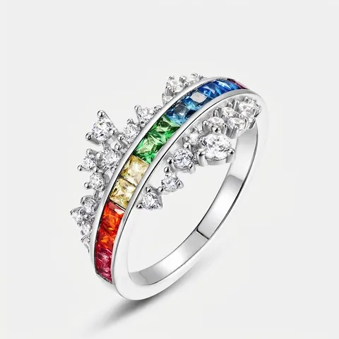 925 Sterling Silver Rainbow Zirconia Ring For Women Colorful Princess Cut Square Stone Inlaid Wedding Band Fashion Jewelry Gift