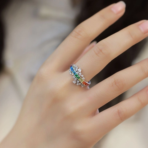 925 Sterling Silver Rainbow Zirconia Ring For Women Colorful Princess Cut Square Stone Inlaid Wedding Band Fashion Jewelry Gift