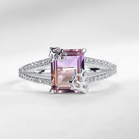 925 Sterling Silver Ametrine Ring For Women Geometric Rectangle Colored Gemstone Ring Luxurious Rhinestone Fashion Jewelry