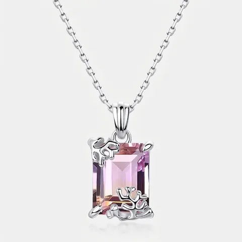 Elegante Collar de Colgante de Amétrina de Plata de Ley 925 Con Circonia Rectángulo Corte Esmeralda Diseño de Coral Joyería de Moda Mujer