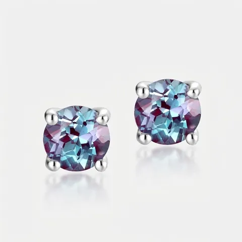 925 Sterling Silver Synthetic Alexandrite Stud Earrings Round Cut Four Claw Set Color Changing Stone Jewelry For Women