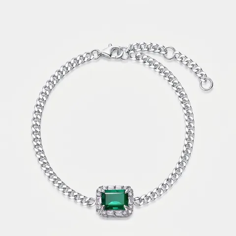 Bracciale in Argento Sterling 925 con Smeraldo Rubino Zaffiro da Laboratorio Geometrico Rettangolo Pietre Preziose Strass Maglia Cubana Gioielli da Donna