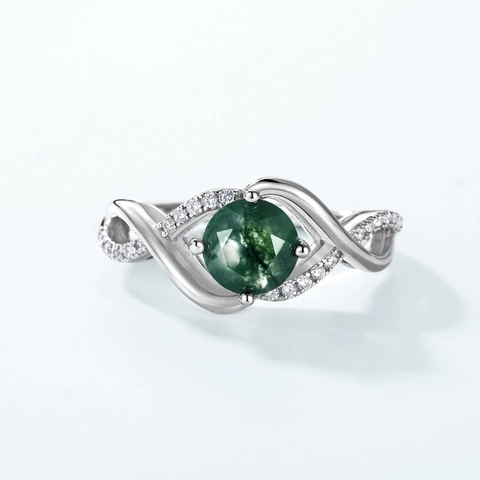 Luxe 925 Sterling Silver Wave Geometric Open Ring Green Moss Agate Round Stone Rhinestone Inlaid Ring For Women Fashion Jewelry