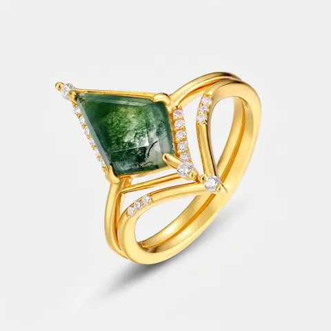 Vintage 925 Sterling Zilver Vlieger Slijpvorm Mosagaat Ring Met Zirconia Verguld Natuur Geïnspireerde Sieraden