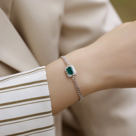 Bracciale in Argento Sterling 925 con Smeraldo Rubino Zaffiro da Laboratorio Geometrico Rettangolo Pietre Preziose Strass Maglia Cubana Gioielli da Donna