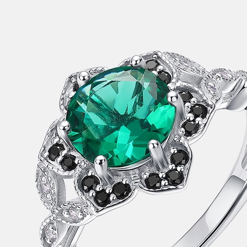 Anello a Fiore in Argento Sterling 925 Vintage per Donna Smeraldo Coltivato di Lusso Pietra Verde Zirconia Intarsiata Gioielli