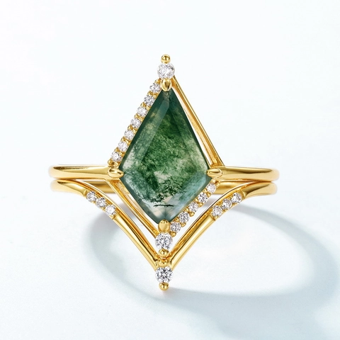 Vintage 925 Sterling Zilver Vlieger Slijpvorm Mosagaat Ring Met Zirconia Verguld Natuur Geïnspireerde Sieraden