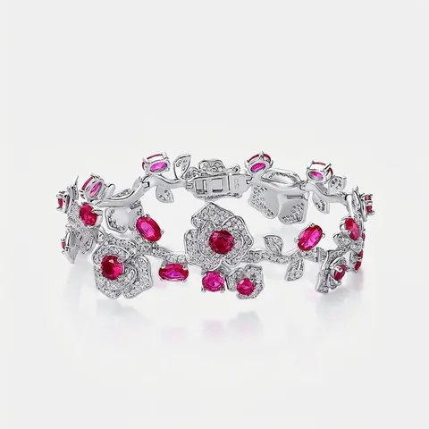 Luxe 925 Sterling Zilver Lab Gekweekte Robijn Roos Bloem Armband Voor Vrouwen Vintage Elegante Strass Sieraden