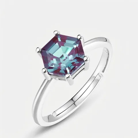Hexagonal Geschnittener Synthetischer Alexandrit Offener Ring S925 Sterlingsilber Verstellbares Band Mode Schmuck Für Damen Party Geschenk