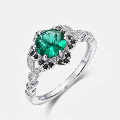 Anello a Fiore in Argento Sterling 925 Vintage per Donna Smeraldo Coltivato di Lusso Pietra Verde Zirconia Intarsiata Gioielli