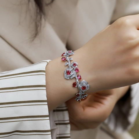 Luxe 925 Sterling Zilver Lab Gekweekte Robijn Roos Bloem Armband Voor Vrouwen Vintage Elegante Strass Sieraden