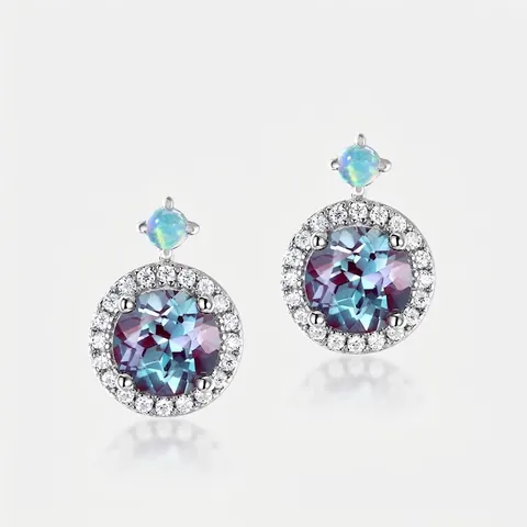 925 Sterling Silver Halo Stud Earrings For Women Luxurious Synthetic Alexandrite Color Changing Round Zirconia Opal Jewelry