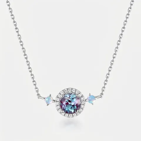Collana con Ciondolo in Argento Sterling 925 Alessandrite Tondo Opale Strass Gioielli Donna Pietra Portafortuna di Giugno