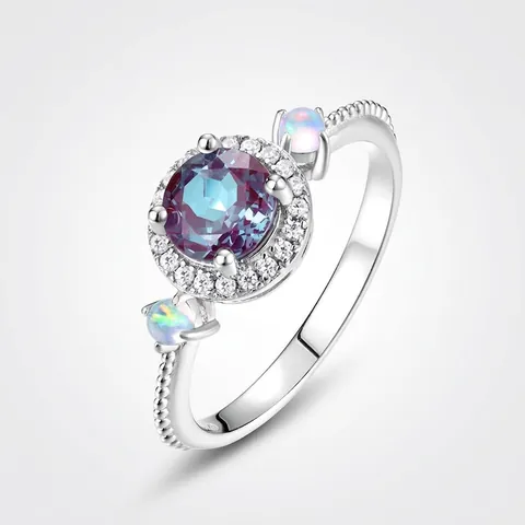 Luxury 925 Sterling Silver Alexandrite Ring With Opal And Rhinestone Round Geometric Fashion Jewelry Finger Ring For Women Gift