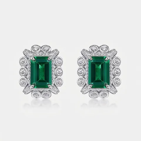 Orecchini a Bottone in Argento Sterling S925 Smeraldo Creato Lussuosi Orecchini Geometrici con Intarsio di Strass Gioielli Donna