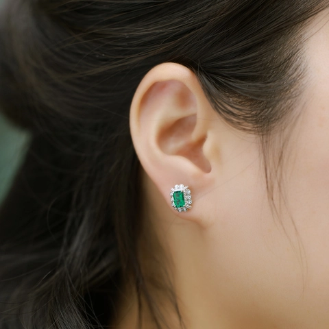 Orecchini a Bottone in Argento Sterling S925 Smeraldo Creato Lussuosi Orecchini Geometrici con Intarsio di Strass Gioielli Donna