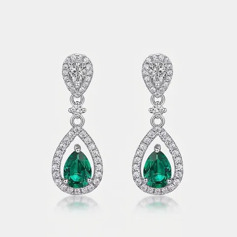 Elegant 925 Sterling Silver Lab Grown Emerald Teardrop Earrings For Women Luxury Pear Cut Zirconia Halo Dangle Earrings Jewelry
