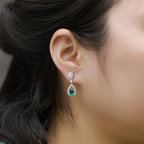 Elegant 925 Sterling Silver Lab Grown Emerald Teardrop Earrings For Women Luxury Pear Cut Zirconia Halo Dangle Earrings Jewelry
