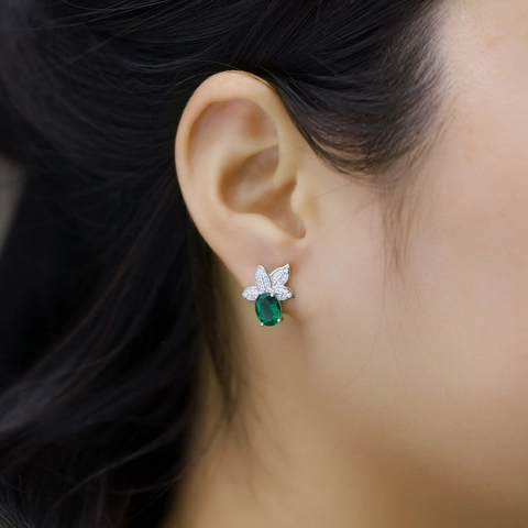 Orecchini a Bottone Asimmetrici in Argento Sterling 925 Con Smeraldo Sintetico Foglia Eleganti Orecchini Strass per Donna
