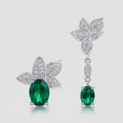 Orecchini a Bottone Asimmetrici in Argento Sterling 925 Con Smeraldo Sintetico Foglia Eleganti Orecchini Strass per Donna