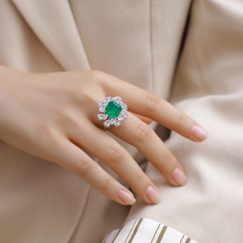 Anello in Argento Sterling 925 Vintage Taglio Smeraldo Gemma di Laboratorio Zirconia Fiore Cluster Cocktail Anello per Donna Gioielli di Lusso Regalo