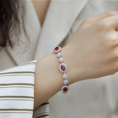 Bracciale in Argento Sterling 925 con Rubino e Zaffiro Creati in Laboratorio per Donna Elegante Girasole Zirconia Gioielli