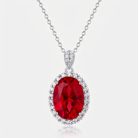 Collana con Ciondolo in Argento Sterling 925 e Rubino di Laboratorio Gemma Rossa Taglio Ovale Halo Zirconia Intarsiata Gioielli Donna