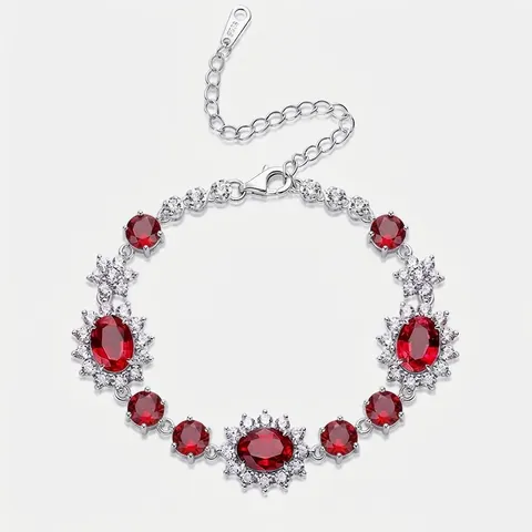 Bracciale in Argento Sterling 925 con Rubino e Zaffiro Creati in Laboratorio per Donna Elegante Girasole Zirconia Gioielli