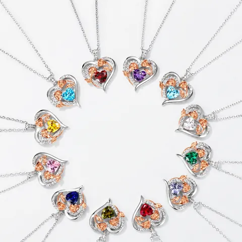 925 Sterling Silver Heart Rose Birthstone Pendant For Women Zirconia Flower Romantic Jewelry Accessory Without Chain