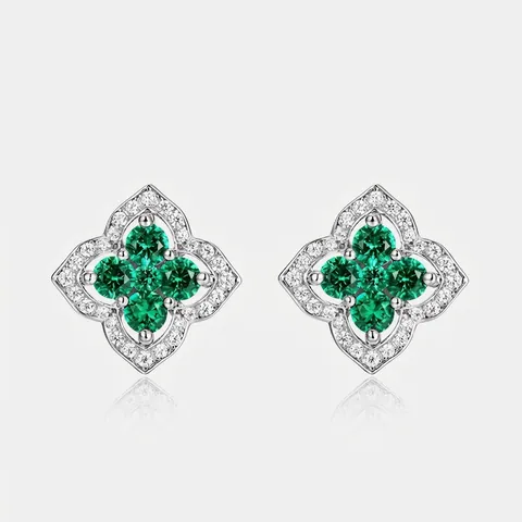 925 Sterling Zilveren Klavertje Vier Oorknopjes Vrouwen Gekweekte Smaragd Robijn Zirconia Vintage Luxe Elegante Sieraden