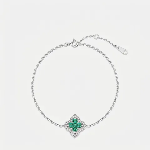 Bracelet Trèfle à Quatre Feuilles en Argent Sterling S925 avec Émeraude de Laboratoire pour Femme Minimaliste Incrusté de Zirconia Bijoux Réglables