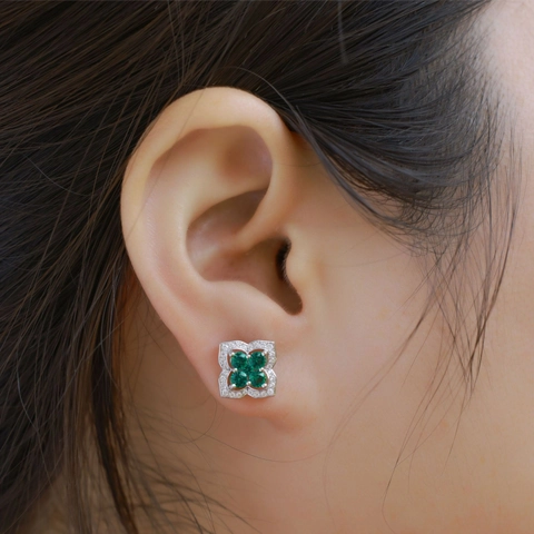 925 Sterling Zilveren Klavertje Vier Oorknopjes Vrouwen Gekweekte Smaragd Robijn Zirconia Vintage Luxe Elegante Sieraden