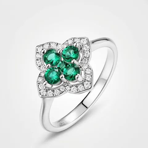 Luxury 925 Sterling Silver Clover Ring For Women With Lab-Grown Emerald And Zirconia Inlaid Vintage Jewelry Fashion Gift