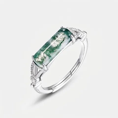 Anillo Vintage de Plata de Ley 925 con Ágata Musgosa para Mujer Ajustable Piedra Verde Rectangular con Diamantes de Imitación Joyería de Moda Regalo