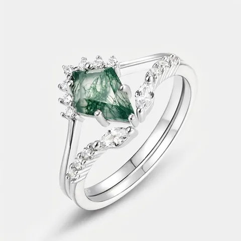 925 Sterling Silver Kite Cut Moss Agate Stackable Ring Main Ring and Guard V Shape Zirconia Pave Band Vintage Jewelry For Women