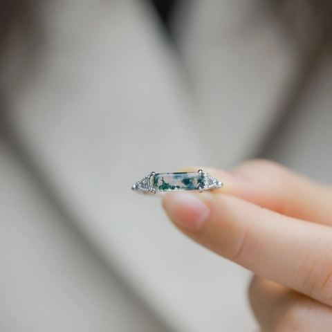 Anillo Vintage de Plata de Ley 925 con Ágata Musgosa para Mujer Ajustable Piedra Verde Rectangular con Diamantes de Imitación Joyería de Moda Regalo