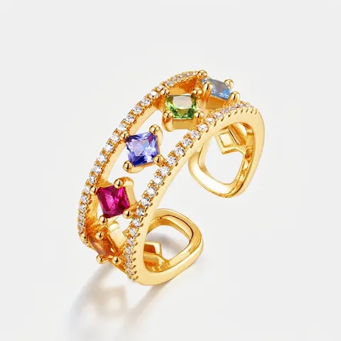 Luxus 925 Sterlingsilber Gold Plattiert Mehrfarbig Quadratisch Zirkonia Doppelschicht Verstellbar Offener Ring Damen Schmuck