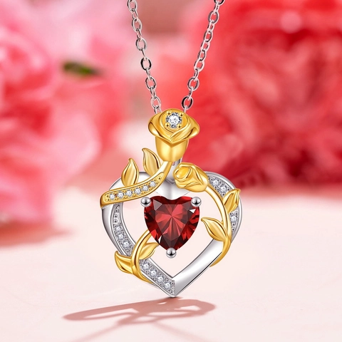 925 Sterling Silver Heart Rose Pendant Necklace For Women Birthstone Zirconia Inlaid Romantic Anniversary Jewelry Gift