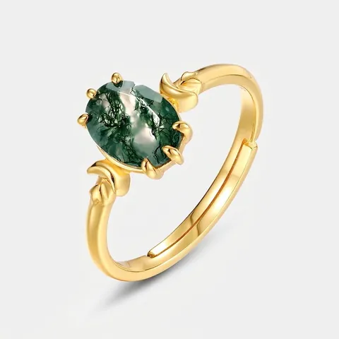 Vintage 925 Sterlingsilber Vergoldet Moosachat Verstellbarer Offener Ring Natürlicher Ovaler Grüner Stein Ring Für Damen Schmuck