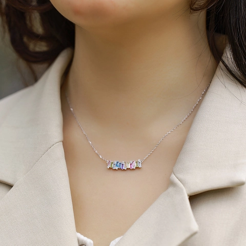 925 Sterlingsilber Regenbogen Zirkonia Halskette Geometrische Bunte Baguette CZ Stein Anhänger Minimalistischer Schmuck Für Damen