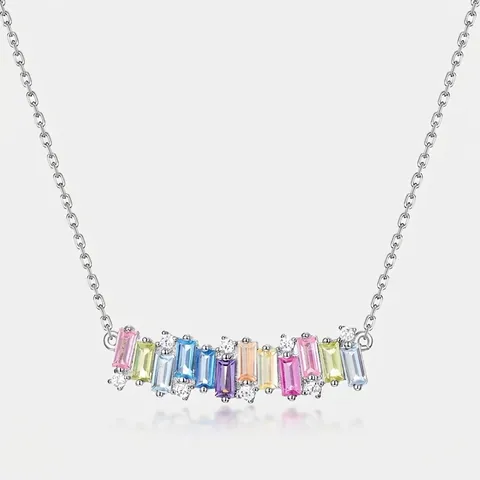 925 Sterlingsilber Regenbogen Zirkonia Halskette Geometrische Bunte Baguette CZ Stein Anhänger Minimalistischer Schmuck Für Damen