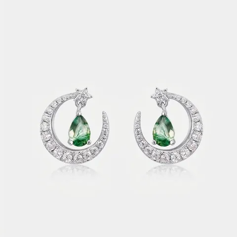 Orecchini a Bottone a Forma di Luna e Stella in Argento Sterling 925 con Agata Muschiata Naturale per Donna Gioielli Celesti
