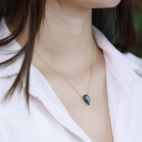 Geometric Natural Moss Agate Pendant Only (Without Chain) 925 Sterling Silver 10K Gold Plated Jewelry For Women Gift