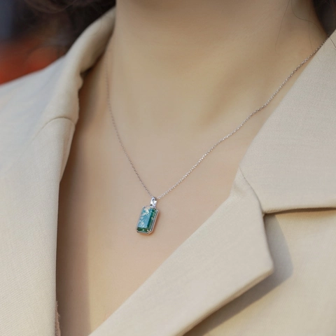 925 Sterlingsilber Smaragd-Schliff Weißer Kristall Moosachat Anhänger Kette Vergoldet Geometrischer Modeschmuck Für Damen
