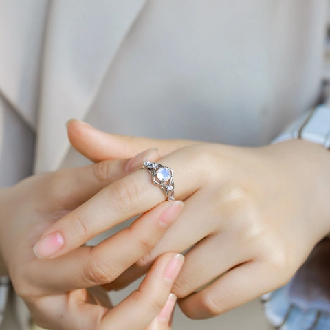 925 Sterling Silver Blue Moonstone Open Ring For Women Adjustable Infinity Twisted Geometric Band Rhinestone Fashion Jewelry