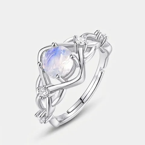 925 Sterling Silver Blue Moonstone Open Ring For Women Adjustable Infinity Twisted Geometric Band Rhinestone Fashion Jewelry